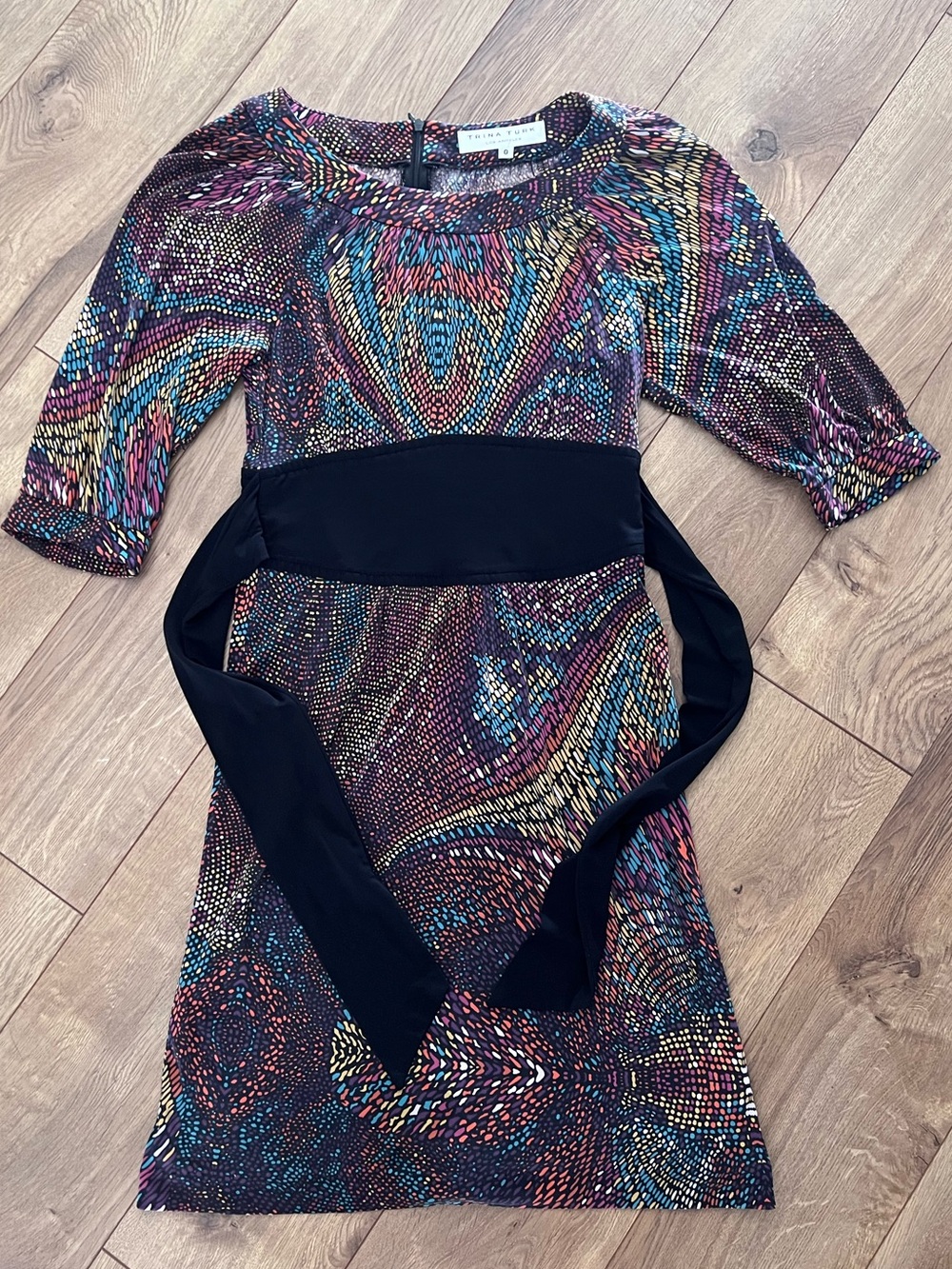 Trina Turk Multicolor Pattern Silk Midi Dress with Black Waist Panel